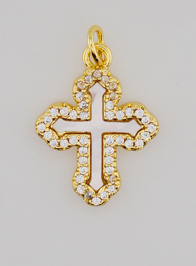 Colgante de cruz ortodoxa con diamantes de imitación y nácar - 17 mm (pic 1)