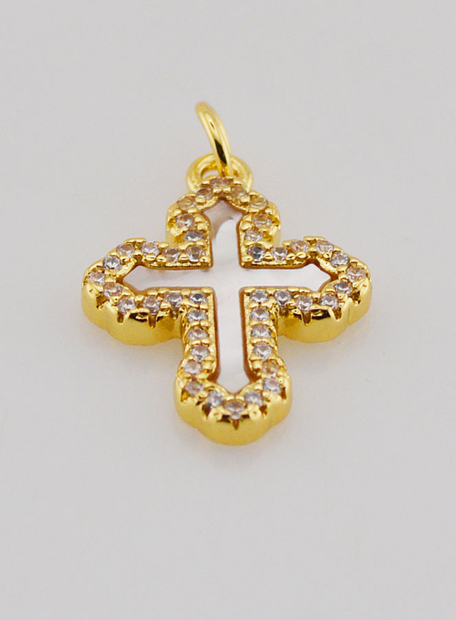Colgante de cruz ortodoxa con diamantes de imitación y nácar - 17 mm (pic 2)