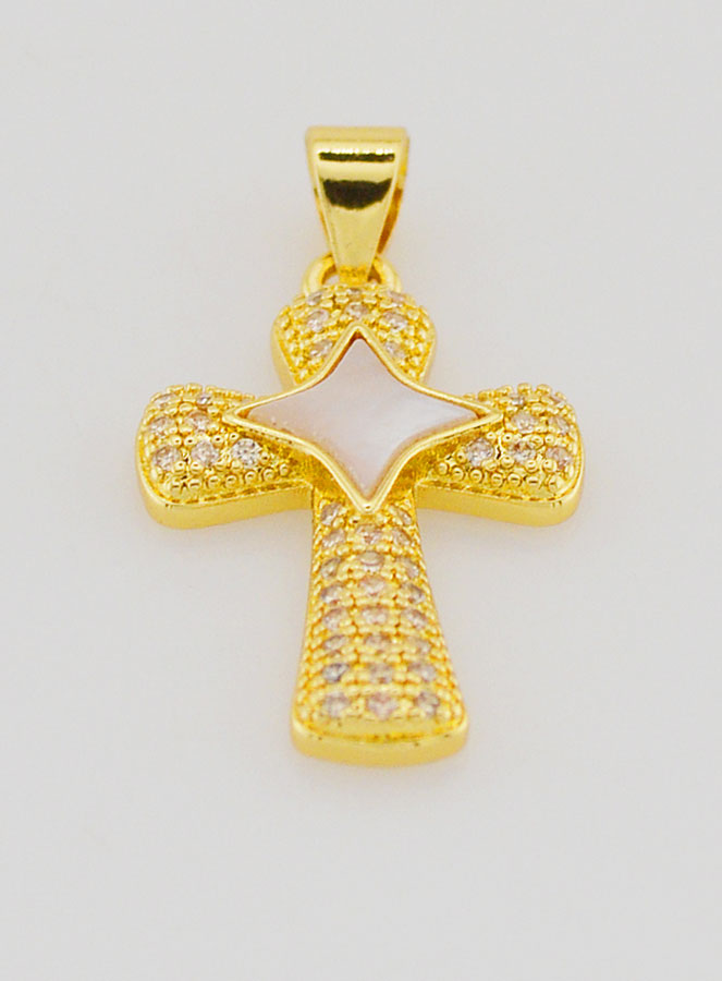 Colgante de cruz y estrella en latón y nácar - 22 mm (pic 2)