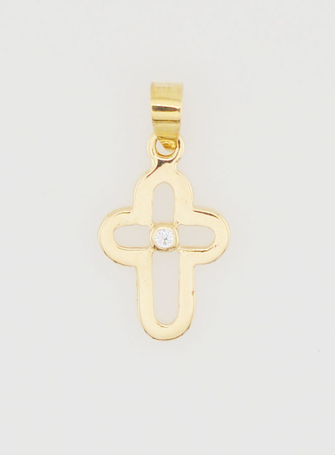 Colgante de cruz redonda calada en oro de 9 quilates y piedra - 15 mm (pic 1)