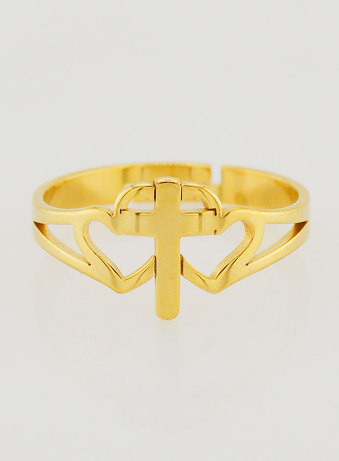 Anillo religioso ajustable con cruz y corazones - Dorado (pic 1)