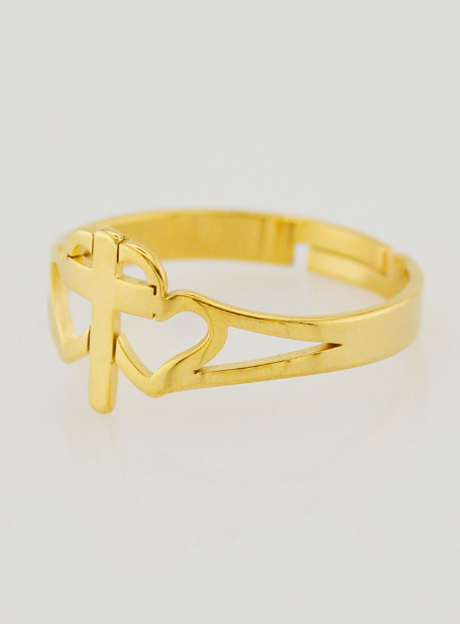 Anillo religioso ajustable con cruz y corazones - Dorado (pic 2)