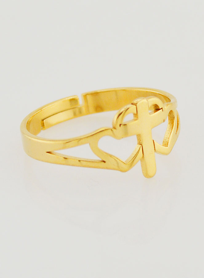 Anillo religioso ajustable con cruz y corazones - Dorado (pic 3)