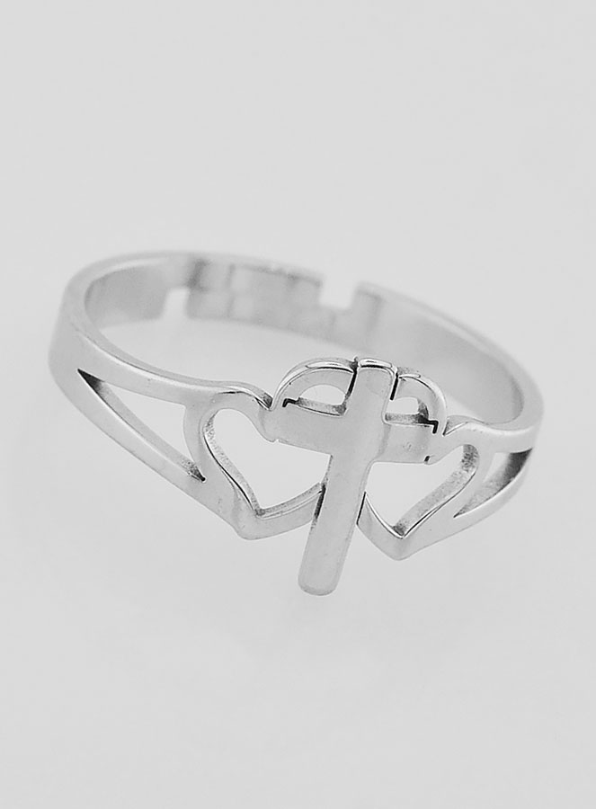 Anillo religioso con cruz y corazones - Ajustable (pic 2)