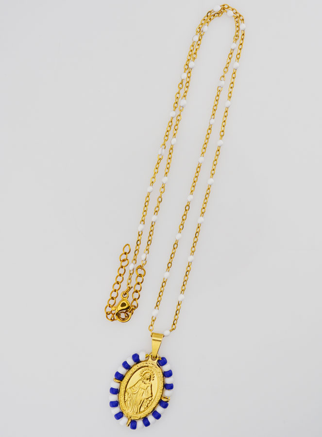 Collar religioso con perlas y colgante de la Virgen Milagrosa estilo marinero (pic 2)