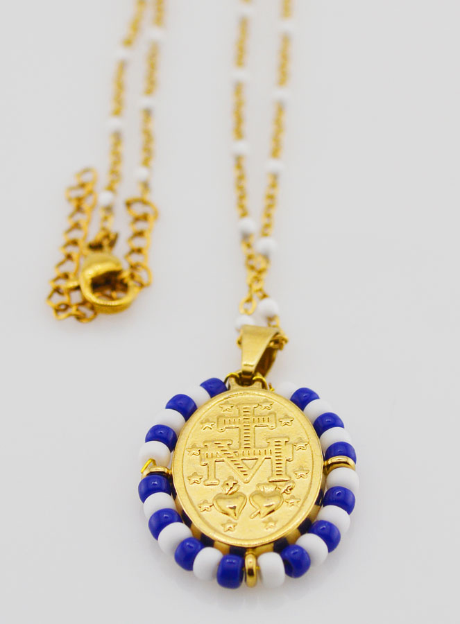 Collar religioso con perlas y colgante de la Virgen Milagrosa estilo marinero (pic 3)