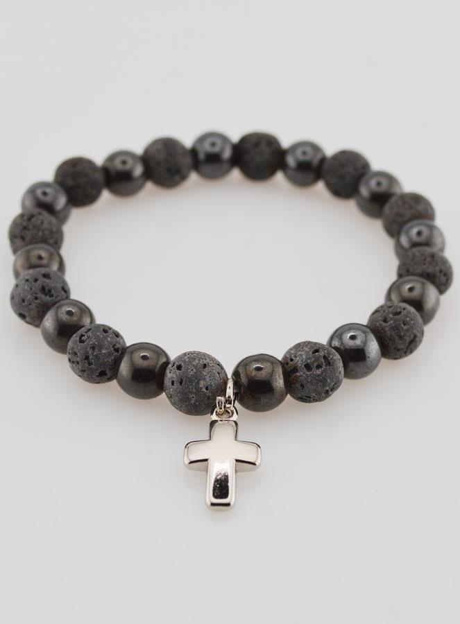 Pulsera con Cruz - Hematita y Piedra de Lava (pic 2)