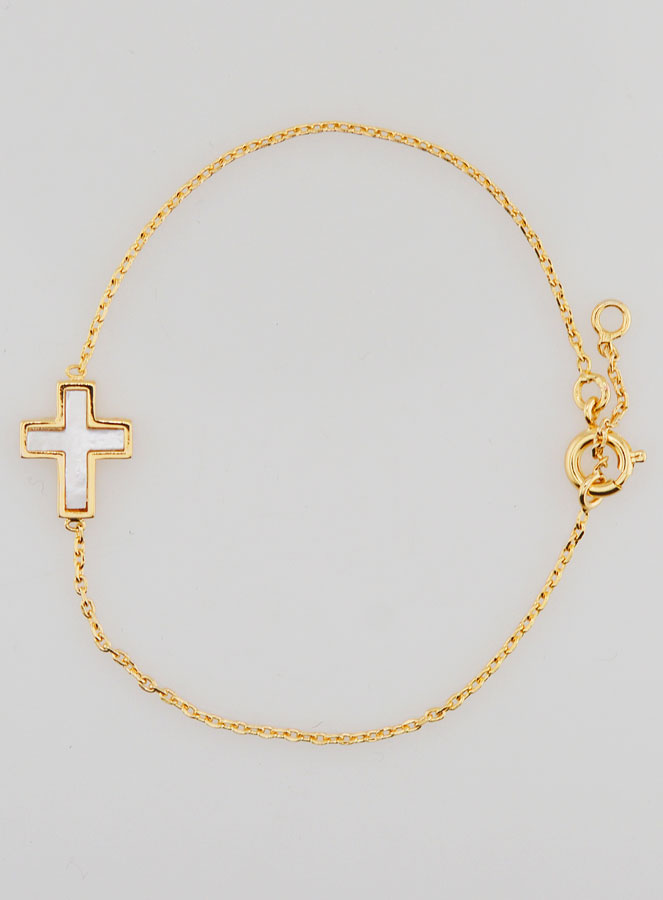 Pulsera religiosa bañada en oro y cruz de nácar (pic 1)