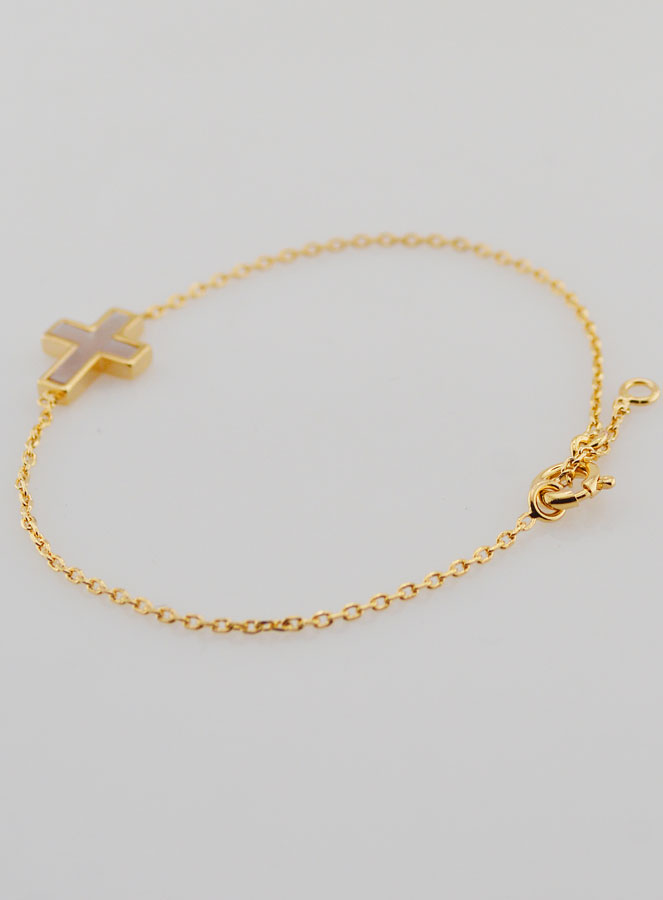 Pulsera religiosa bañada en oro y cruz de nácar (pic 4)