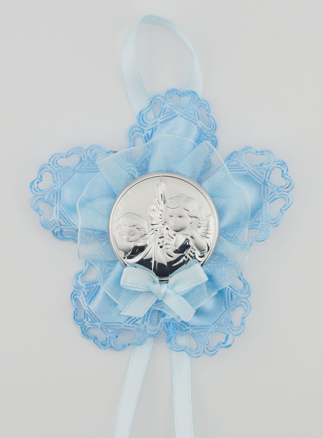 Regalo de Bautizo - Medalla de Cuna con Flor Azul - Ángel de la Guarda (pic 1)