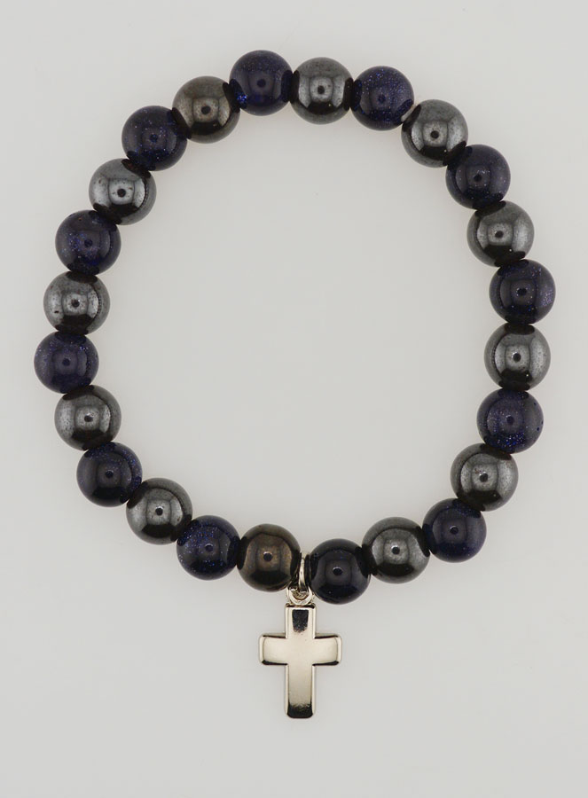 Pulsera con Cruz - Hematita y Piedra Solar Azul (pic 1)