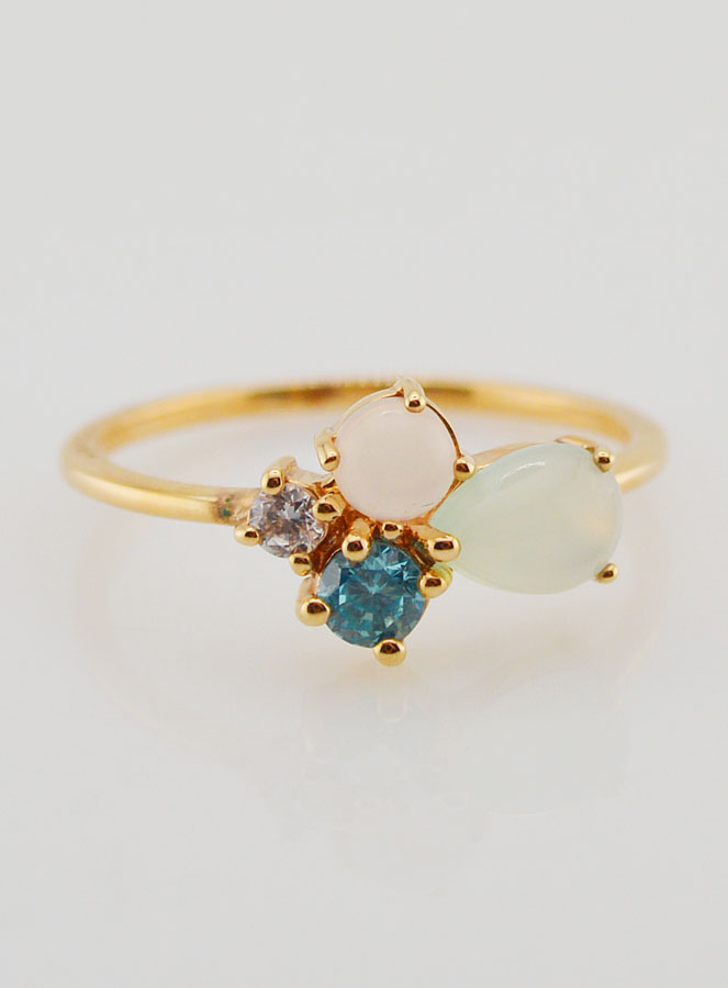 Anillo bañado en oro con circonitas y ágata azul - Talla 58 (pic 1)