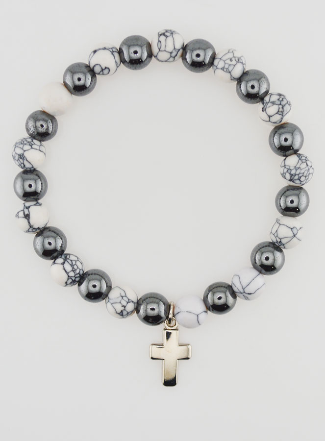 Pulsera religiosa con cruz - Hematita y Howlita (pic 1)