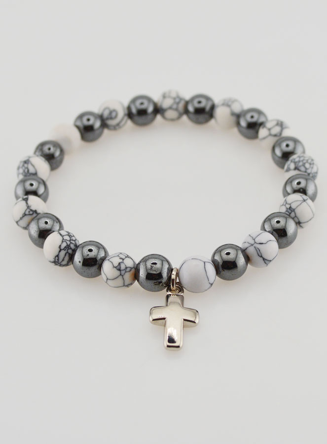 Pulsera religiosa con cruz - Hematita y Howlita (pic 2)