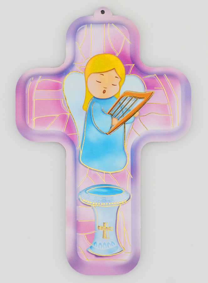 Cruz em Madeira Infantil - Anjo com Harpa (pic 1)