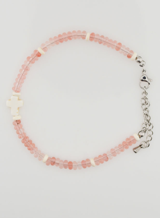 Pulsera con cruz y piedras en cristal rosa (pic 1)