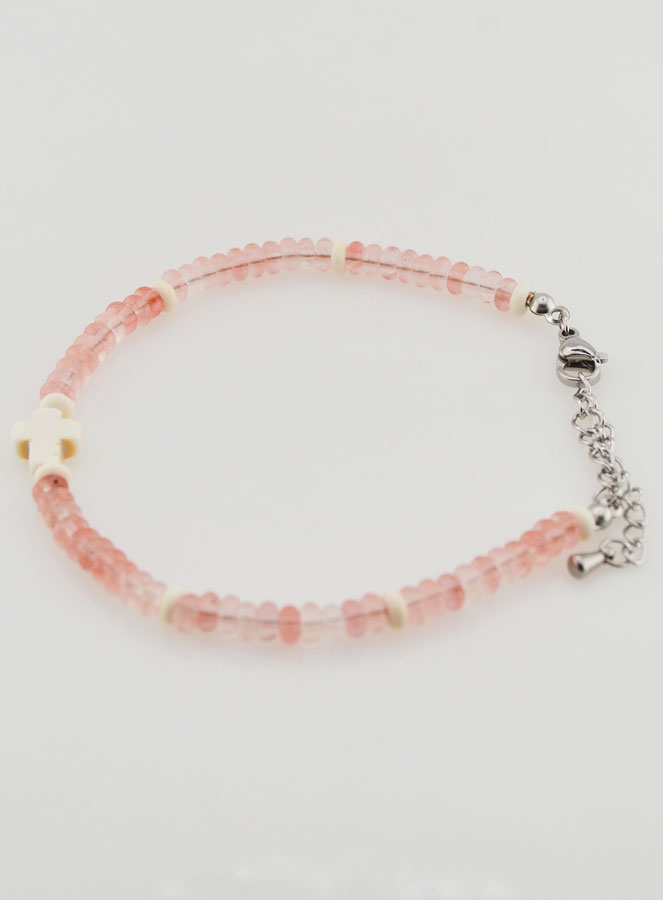 Pulsera con cruz y piedras en cristal rosa (pic 2)