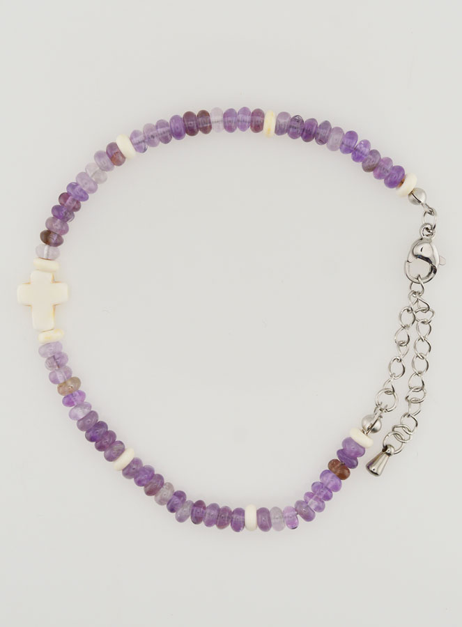 Pulsera con cruz y piedras en cristal morado (pic 1)