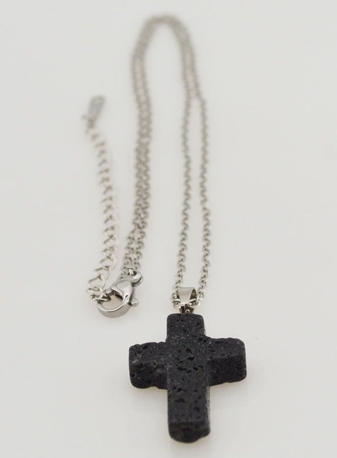 Colar Religioso Corrente Inox & Cruz Pedra de Lava (pic 3)