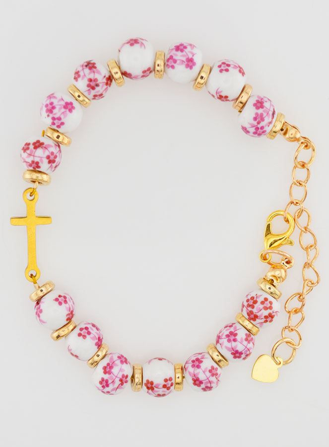 Pulsera Con Cruz - Cuentas de Cerámica - Rosa (pic 1)