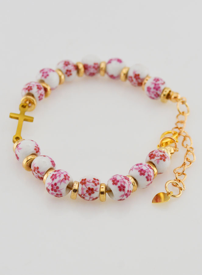 Pulsera Con Cruz - Cuentas de Cerámica - Rosa (pic 2)