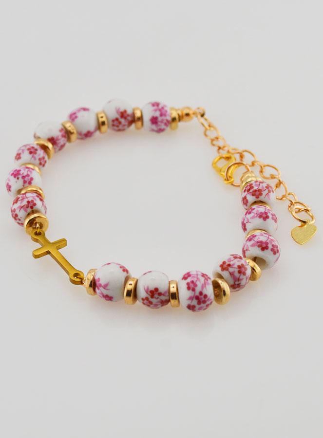 Pulsera Con Cruz - Cuentas de Cerámica - Rosa (pic 3)