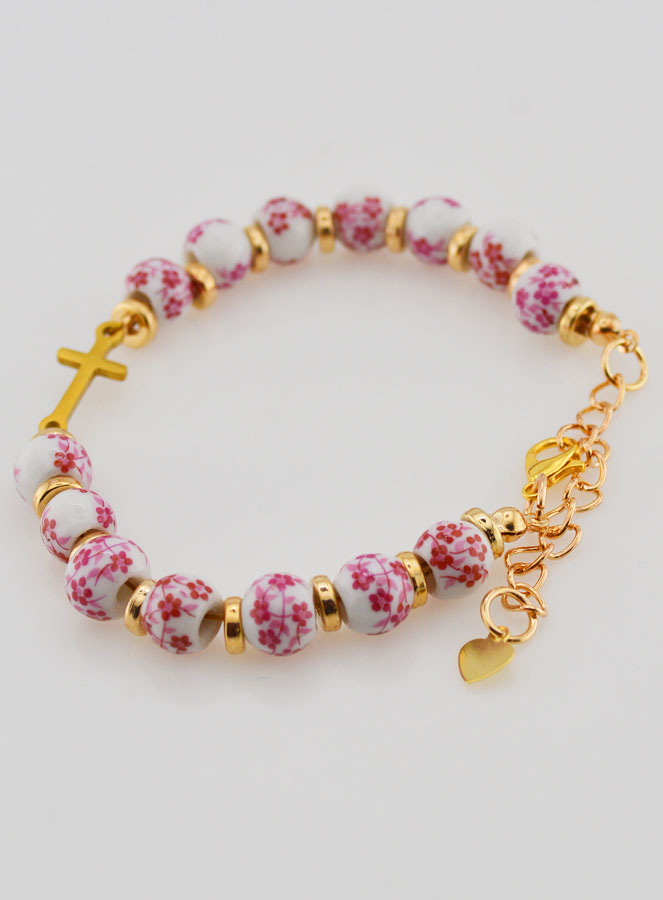 Pulsera Con Cruz - Cuentas de Cerámica - Rosa (pic 4)