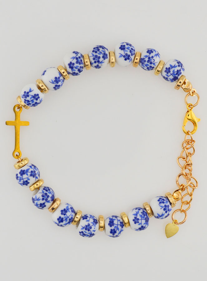 Pulsera Con Cruz y Cuentas de Cerámica - Azul (pic 1)