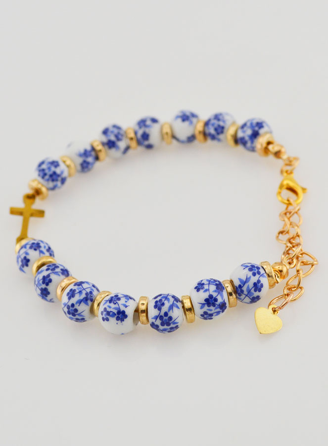 Pulsera Con Cruz y Cuentas de Cerámica - Azul (pic 2)