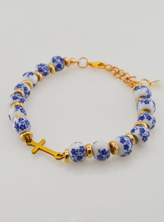 Pulsera Con Cruz y Cuentas de Cerámica - Azul (pic 3)