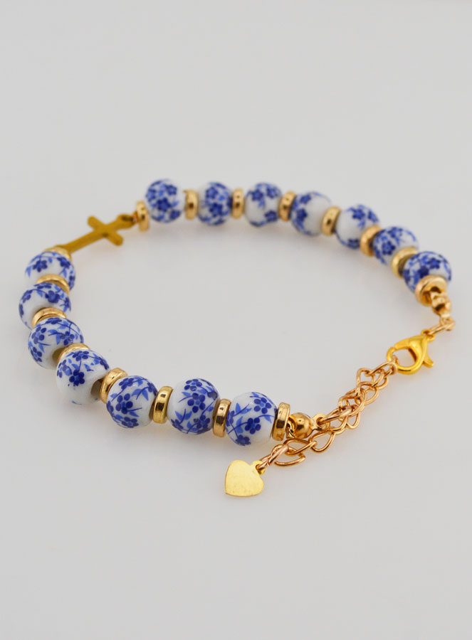 Pulsera Con Cruz y Cuentas de Cerámica - Azul (pic 4)