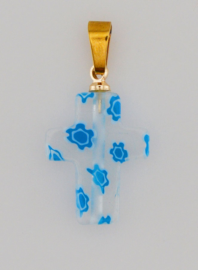 Colgante de cruz en vidrio artesanal - Blanco y azul (pic 1)