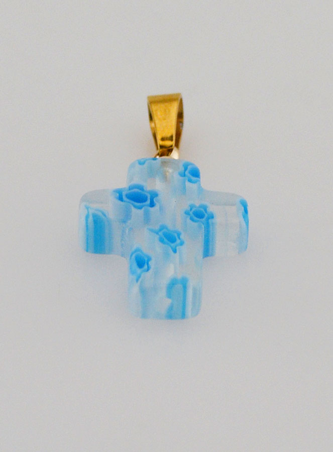 Colgante de cruz en vidrio artesanal - Blanco y azul (pic 2)
