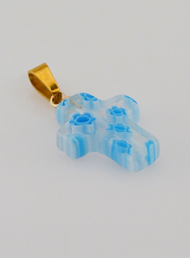 Colgante de cruz en vidrio artesanal - Blanco y azul (pic 3)