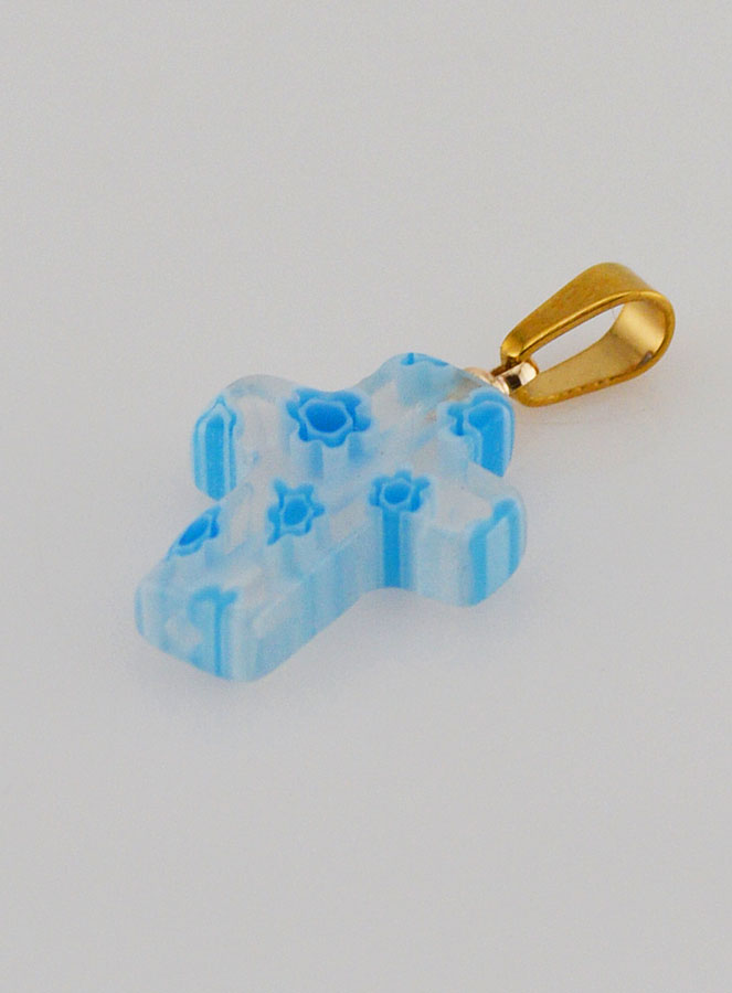 Colgante de cruz en vidrio artesanal - Blanco y azul (pic 4)