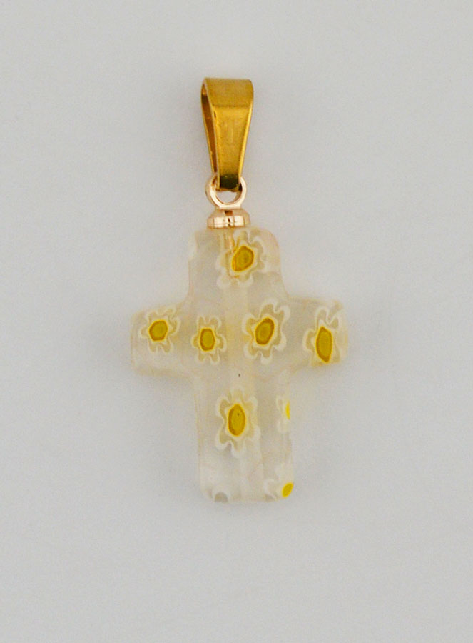 Colgante de cruz artesanal de vidrio - flores amarillas (pic 1)