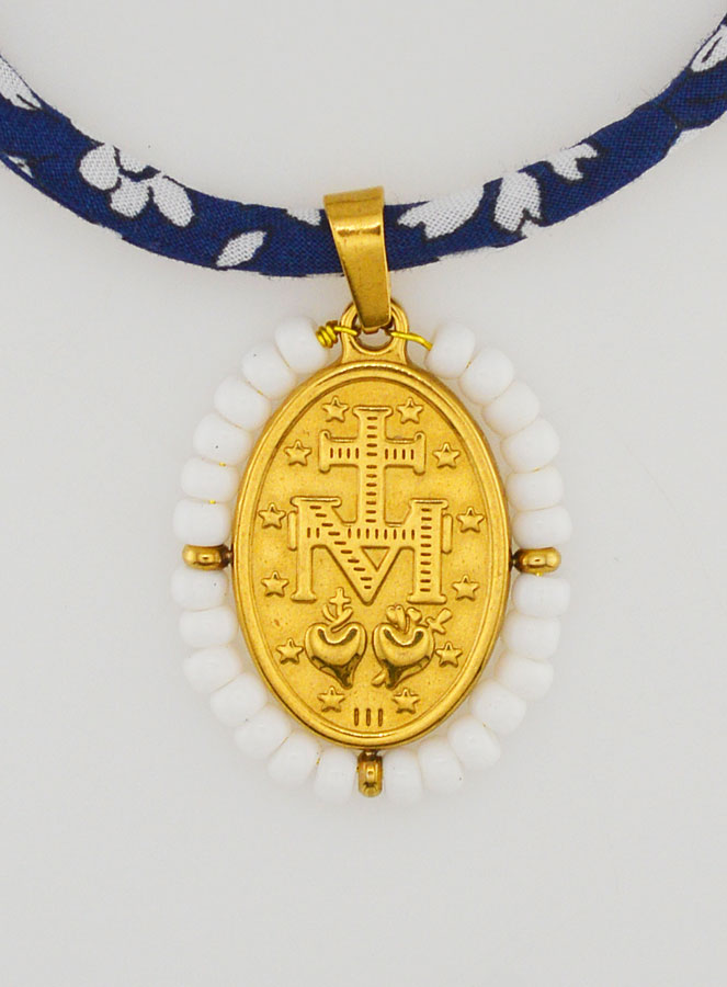 Medalla Milagrosa con borde de perlas - Cordón azul (pic 2)