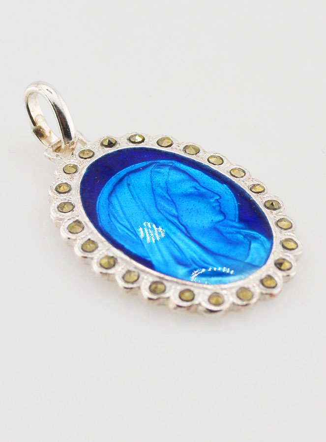 Medalla Perfil Virgen María - Plata y Esmalte Azul - 30mm (pic 3)