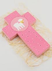 Cruz Infantil em Madeira Pequena Ovelha Rosa - 12 cm
