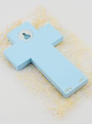 Cruz Infantil em Madeira Pequena Ovelha Azul - 12 cm