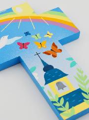 Cruz Infantil de Madera Iglesia de Mariposas y Arco Iris 15 cm