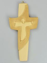 Crucifijo Moderno de Madera Artesanal - Cristo Esculpido y Oro Dorado - 15 cm