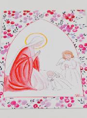 Estampa de Bautizo - Virgen María y Ángel de la Guarda - Grosella Fucsia