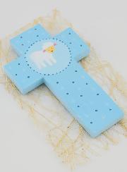 Cruz em Madeira Pequena Ovelha Azul - Presente de Baptismo