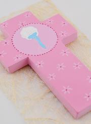 Cruz Infantil Agua Bautismal de Madera - Rosa - 12 cms