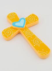 Cruz en Madera Naranja y Corazón Azul