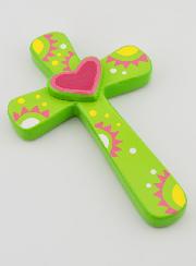 Cruz en Madera - Verde - Corazón Rosa