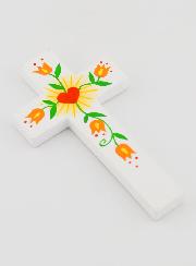 Cruz en Madera - Corazón de Amor y Flores Naranjas