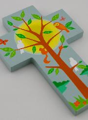 Cruz Infantil de Madera - Árbol de la Vida y Pájaros