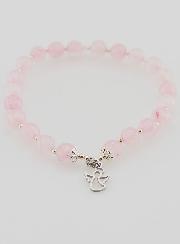Pulsera en Cuarzo Rosa 6 mm y Ángel de la Guarda
